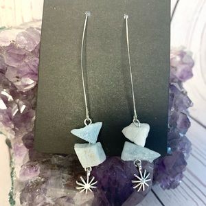 Natural Angelite Stone Silver Sun Hanging V Hook Earrings